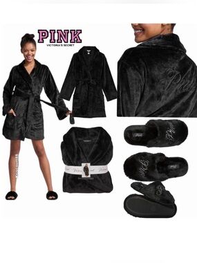 VS PINK Robe & Black & Silver Bling Slippers NEW WITH TAGS